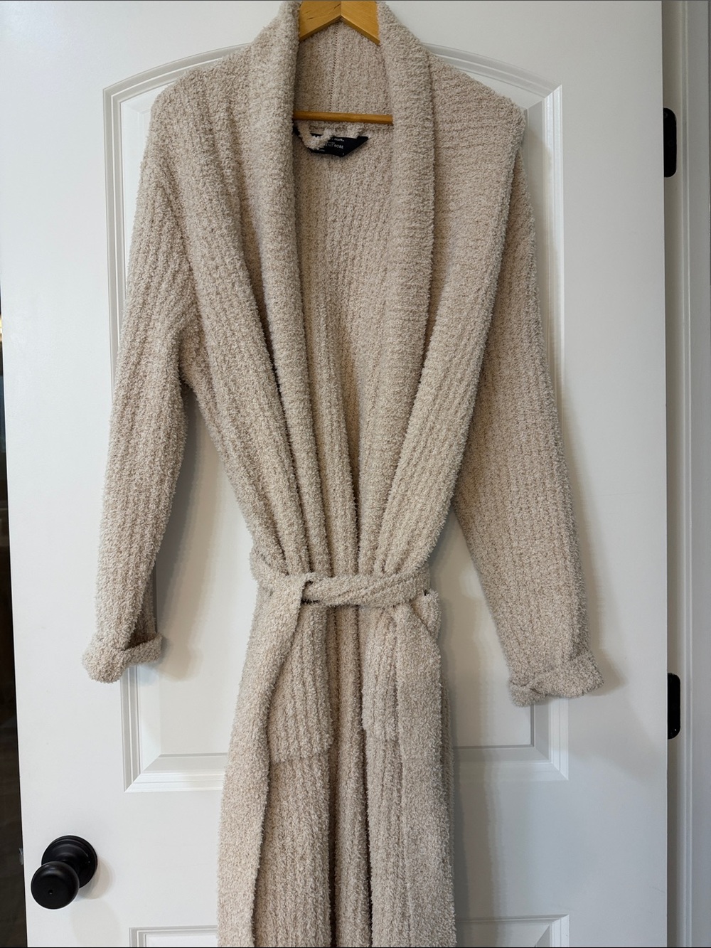 Plush Shawl-Collar Knit Cardigan Robe in Light Beige